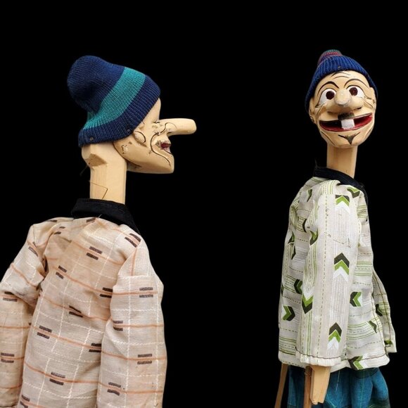 Handmade Other - Two Hand Carved Puppets Wayang Golek Long Nose Java Indonesia Beanie Hats 17"